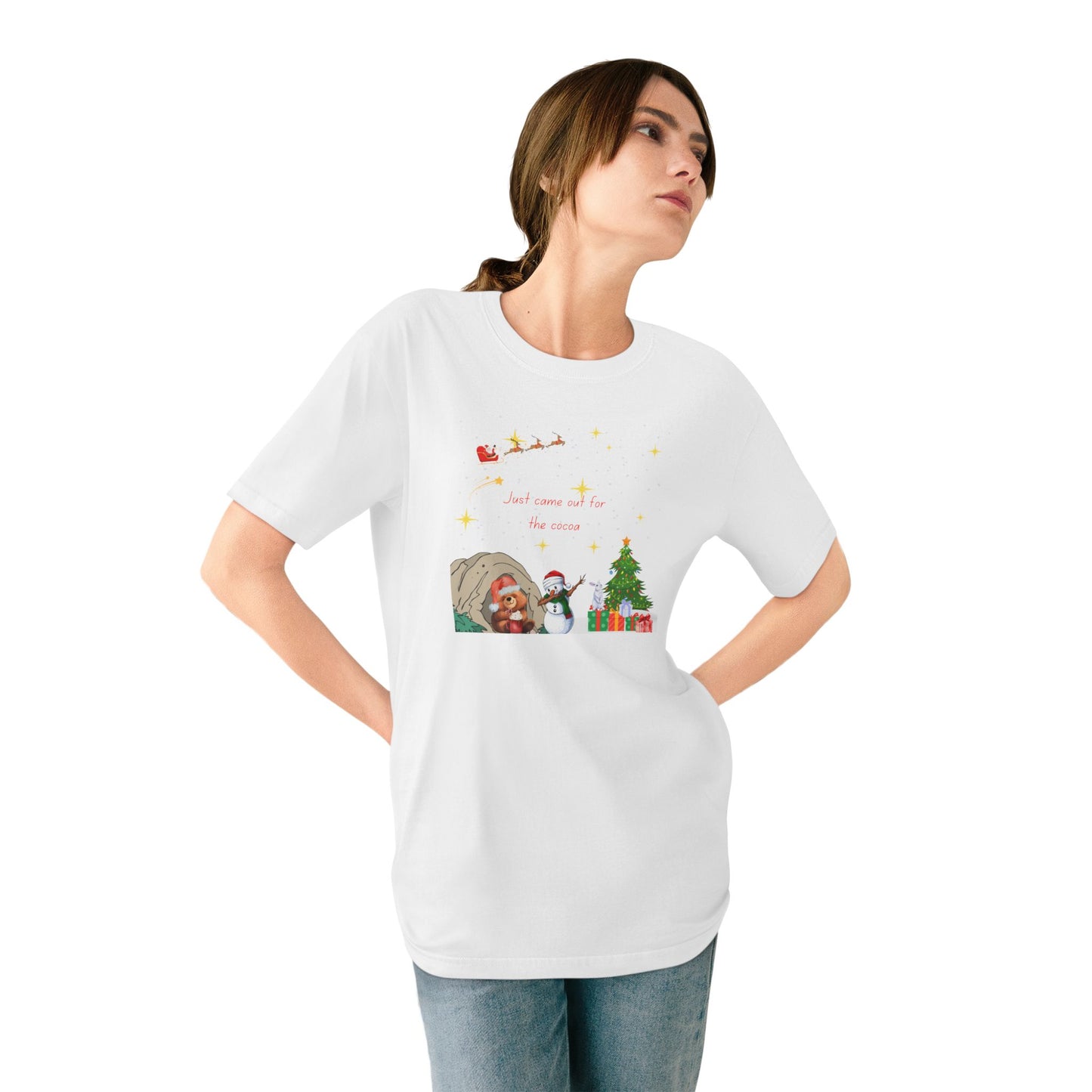Starry Night Cute Bear Drinking Hot Cocoa T-Shirt — Santa & Flying Sleigh Holiday Tee