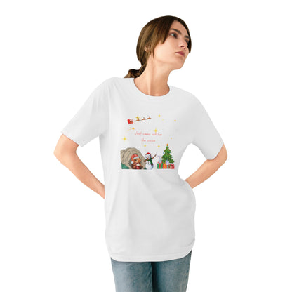 Starry Night Cute Bear Drinking Hot Cocoa T-Shirt — Santa & Flying Sleigh Holiday Tee