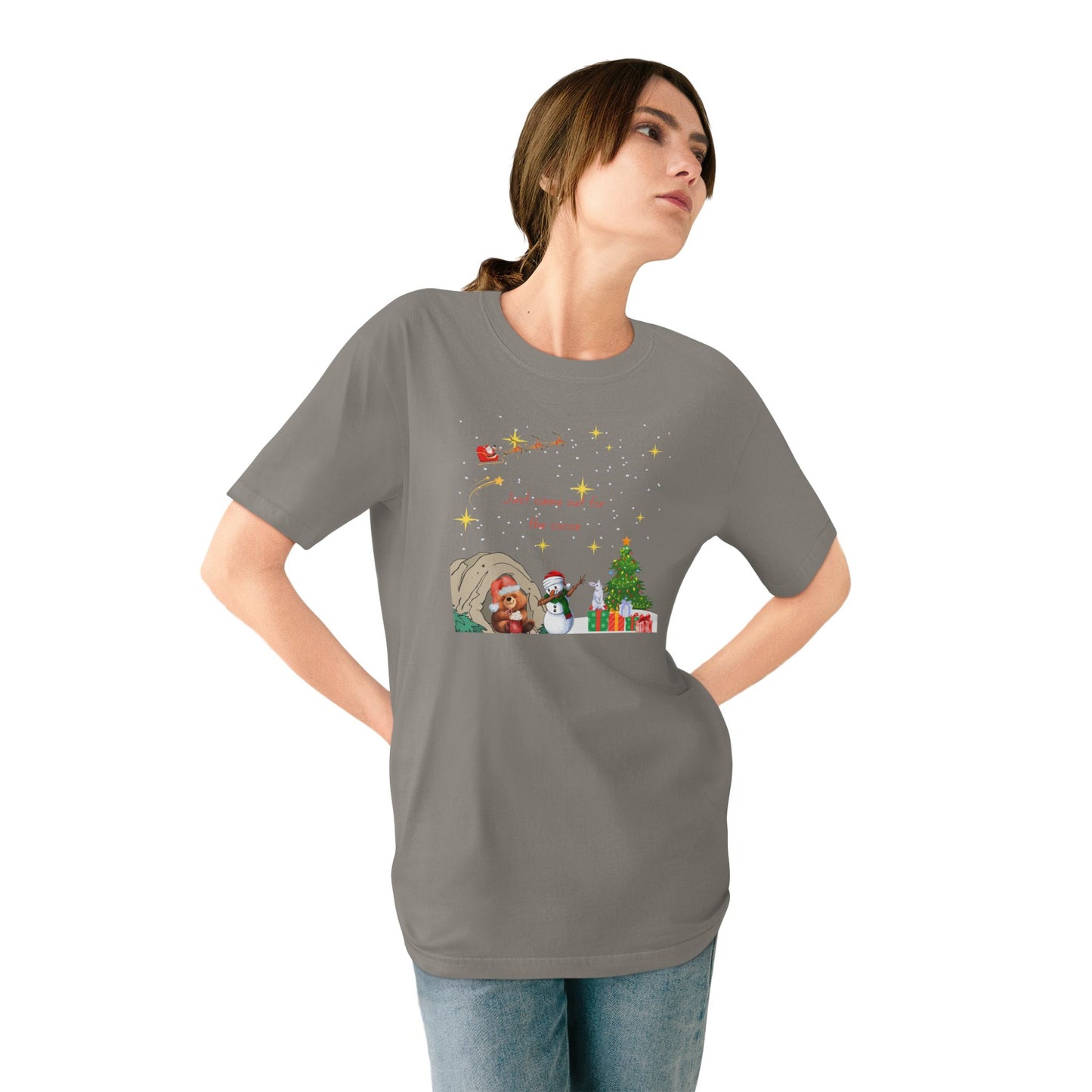 Starry Night Cute Bear Drinking Hot Cocoa T-Shirt — Santa & Flying Sleigh Holiday Tee