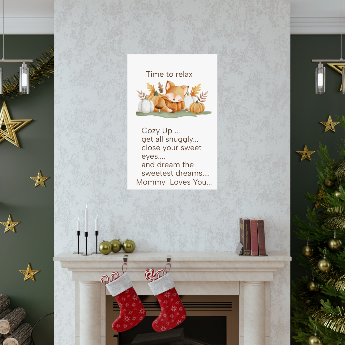 Matte Vertical Posters, Sleepy time fox Autumn, mommy loves you little one, Wall Art
