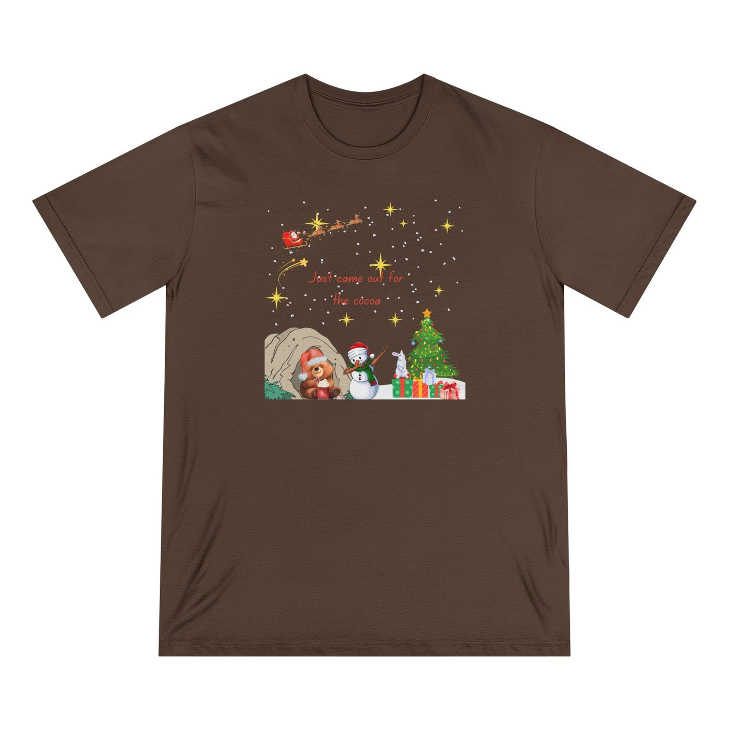 Starry Night Cute Bear Drinking Hot Cocoa T-Shirt — Santa & Flying Sleigh Holiday Tee