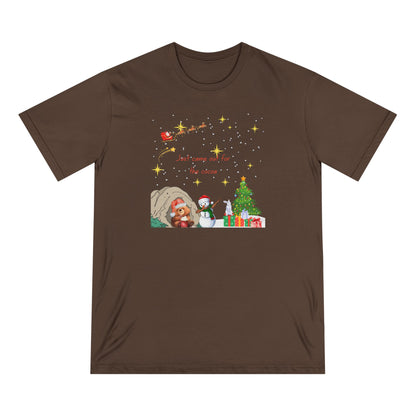 Starry Night Cute Bear Drinking Hot Cocoa T-Shirt — Santa & Flying Sleigh Holiday Tee