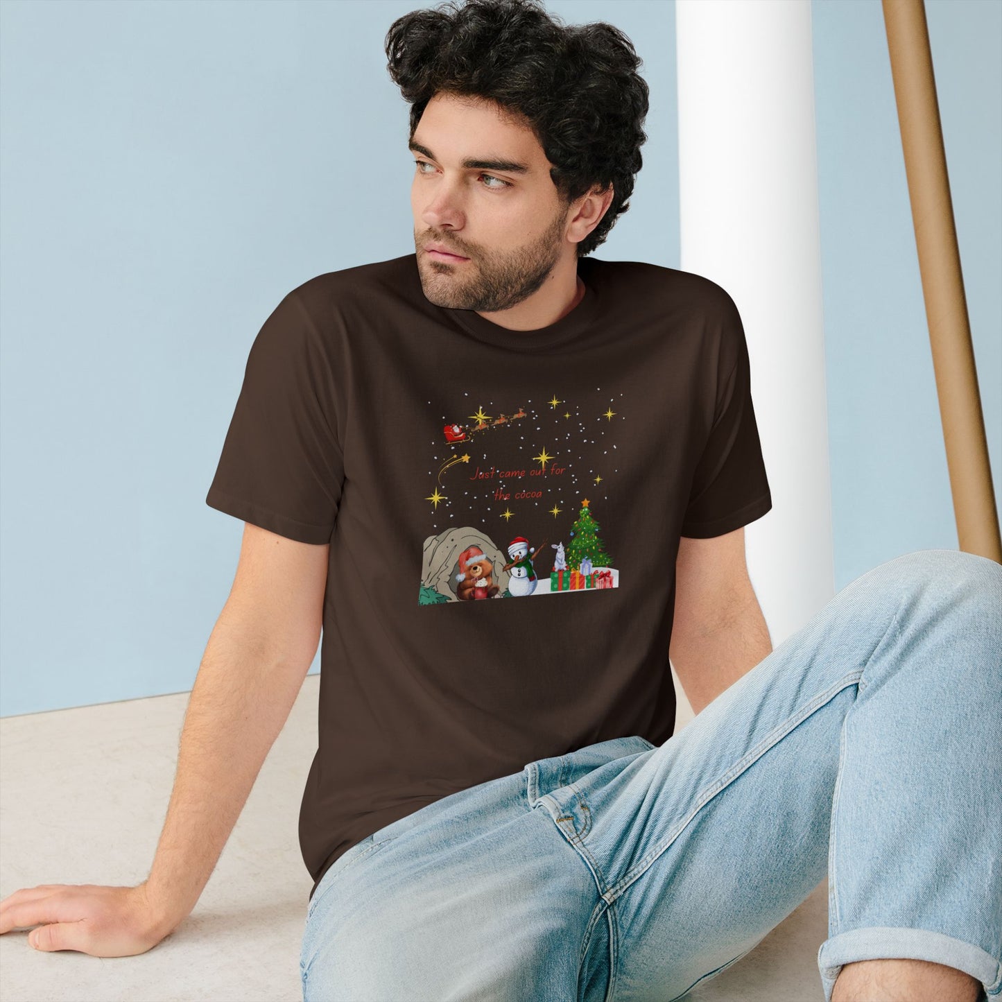 Starry Night Cute Bear Drinking Hot Cocoa T-Shirt — Santa & Flying Sleigh Holiday Tee