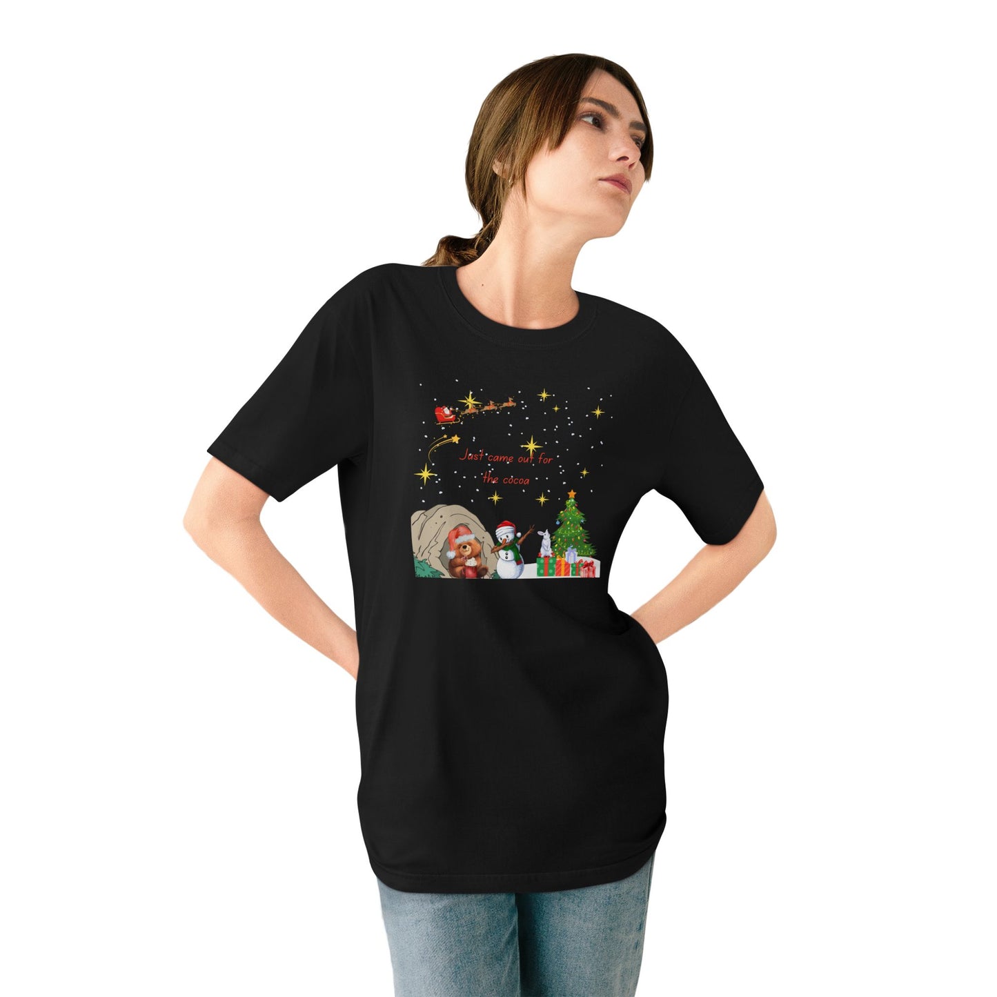 Starry Night Cute Bear Drinking Hot Cocoa T-Shirt — Santa & Flying Sleigh Holiday Tee