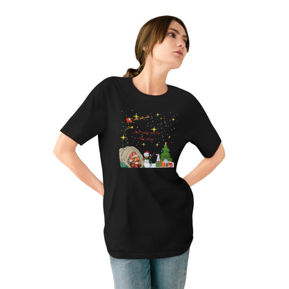Starry Night Cute Bear Drinking Hot Cocoa T-Shirt — Santa & Flying Sleigh Holiday Tee