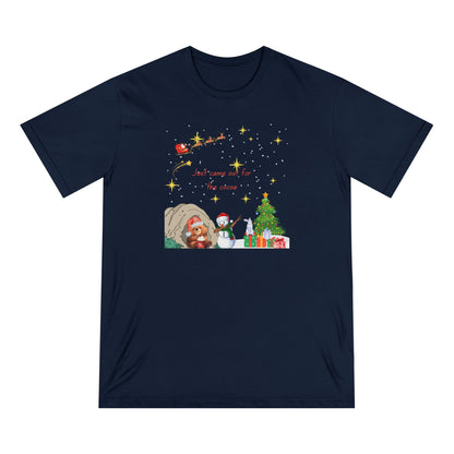 Starry Night Cute Bear Drinking Hot Cocoa T-Shirt — Santa & Flying Sleigh Holiday Tee