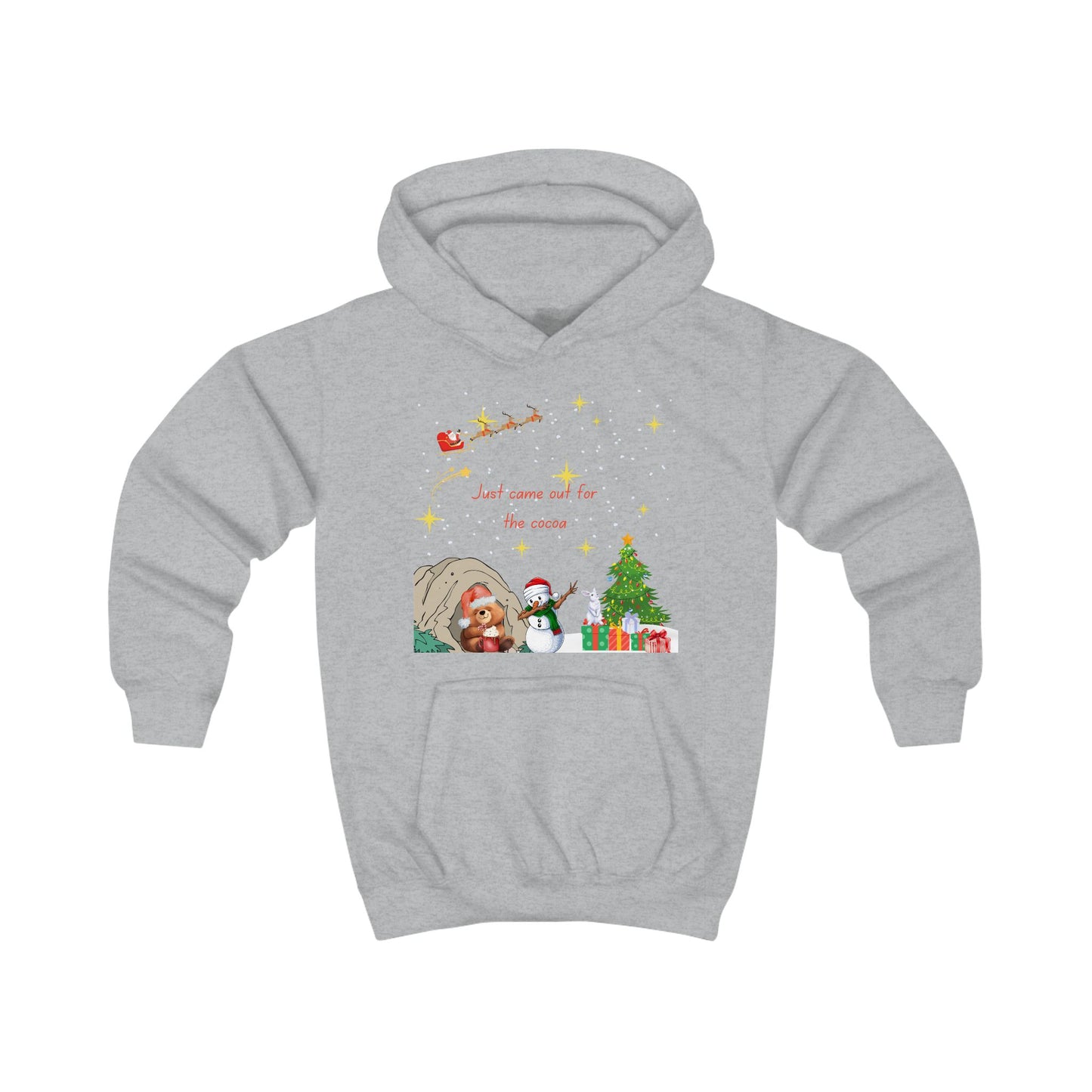 Kids Hoodie — Starry Night Christmas Bear with Hot Cocoa & Santa Sleigh