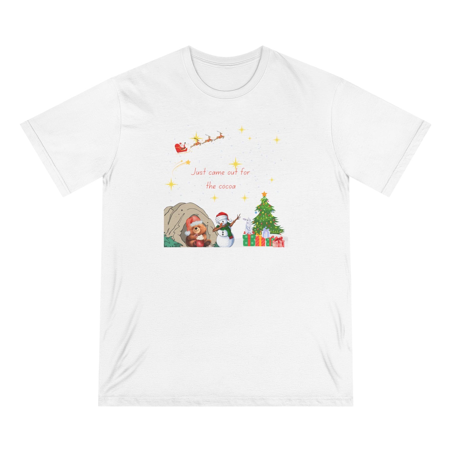 Starry Night Cute Bear Drinking Hot Cocoa T-Shirt — Santa & Flying Sleigh Holiday Tee