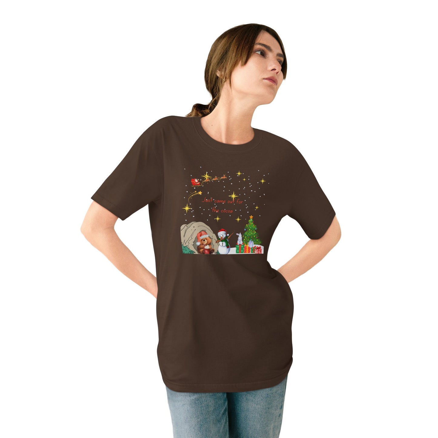 Starry Night Cute Bear Drinking Hot Cocoa T-Shirt — Santa & Flying Sleigh Holiday Tee