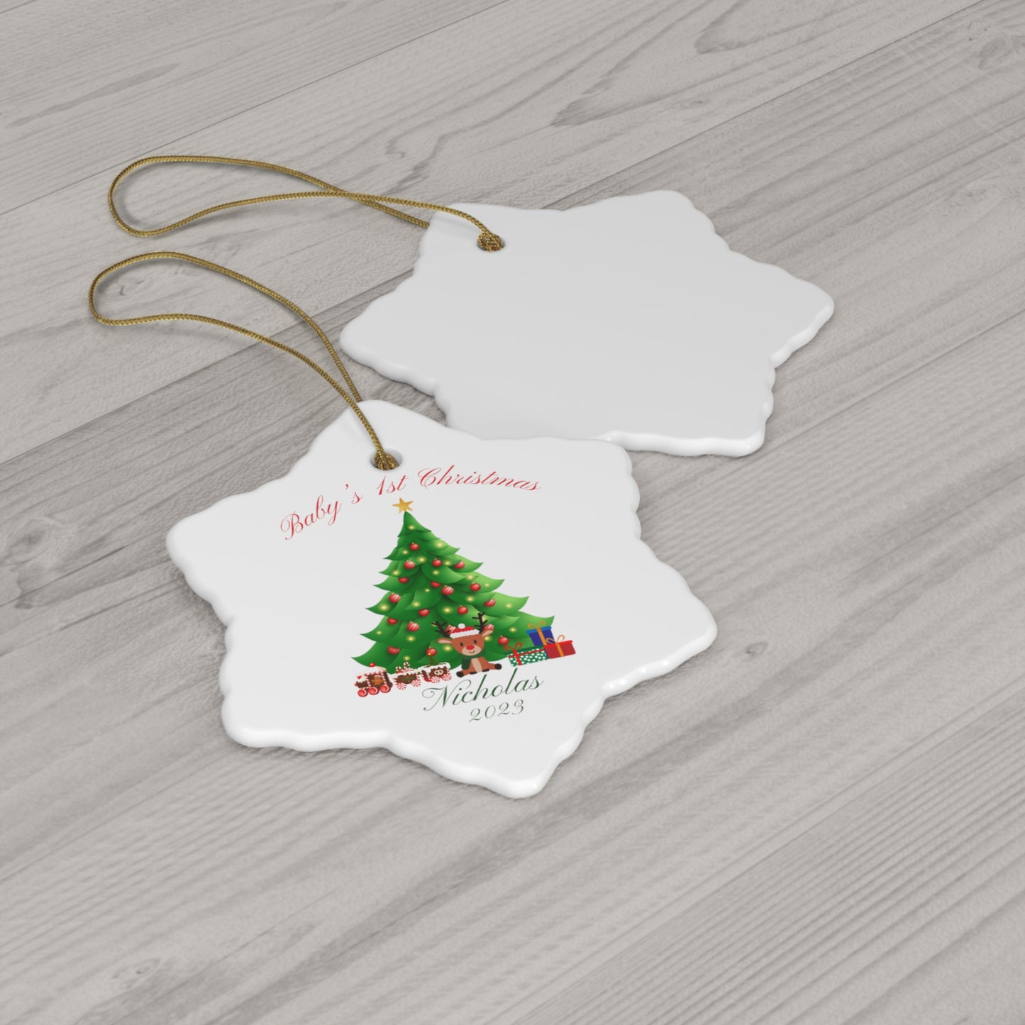 BABY'S 1ST Christmas Ceramic Ornament, Round or Snowflake shaped Ornament with Personalized name