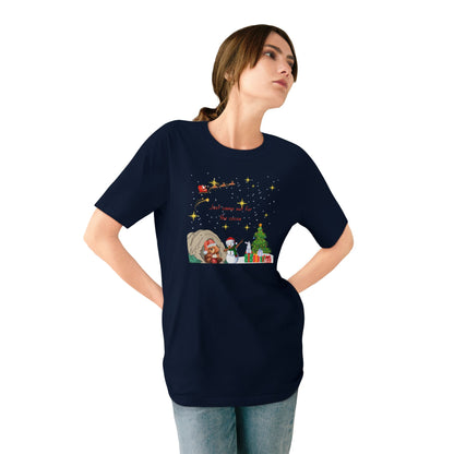 Starry Night Cute Bear Drinking Hot Cocoa T-Shirt — Santa & Flying Sleigh Holiday Tee