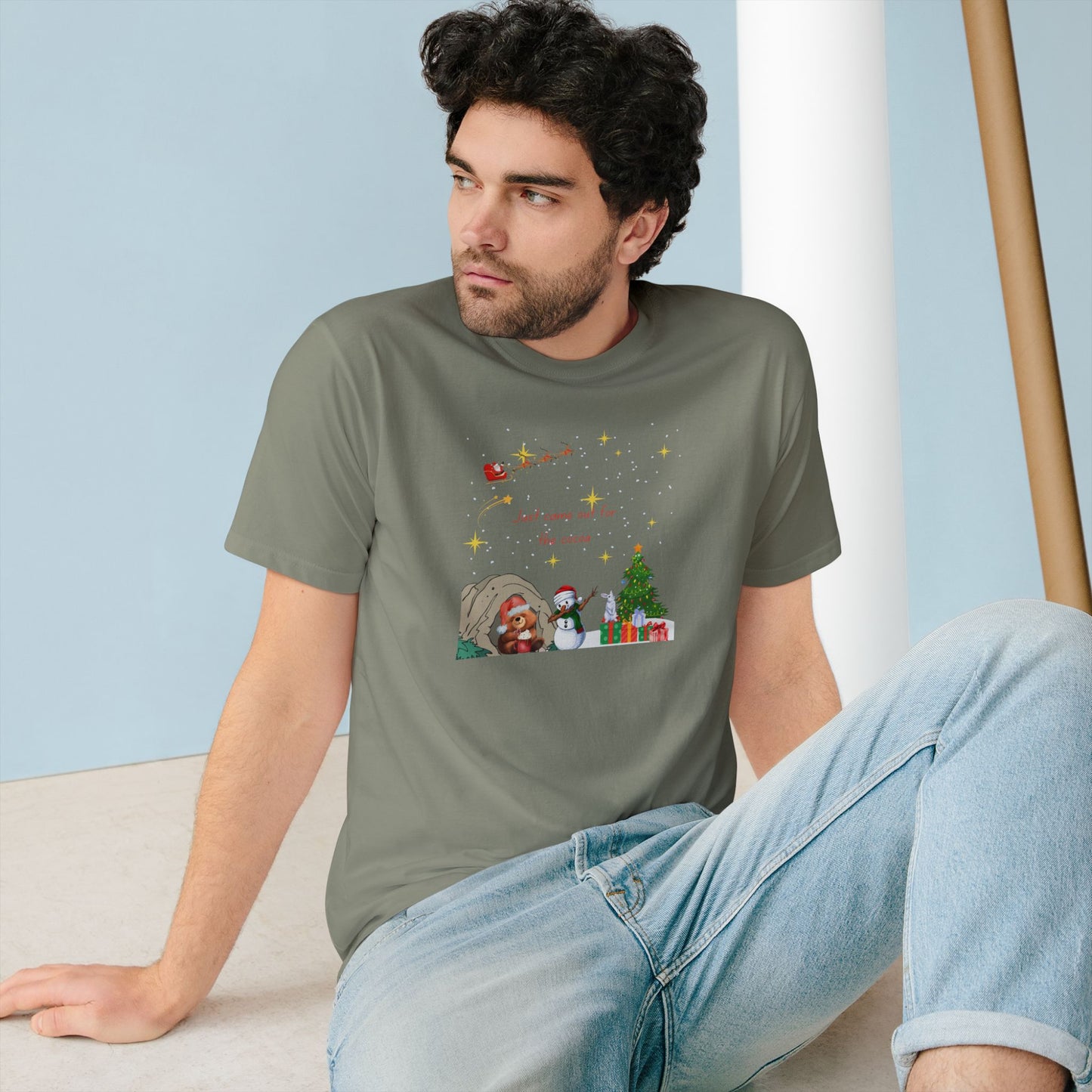 Starry Night Cute Bear Drinking Hot Cocoa T-Shirt — Santa & Flying Sleigh Holiday Tee