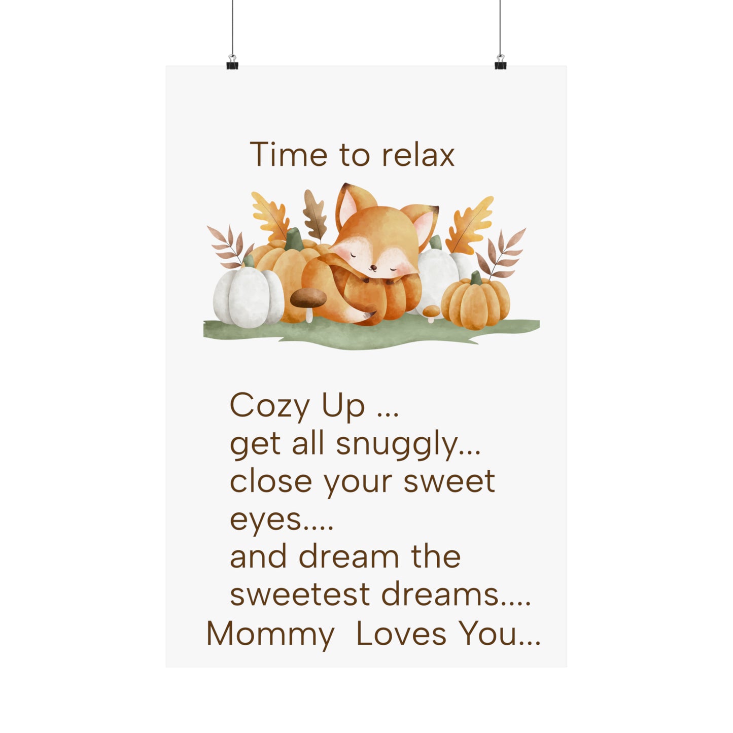 Matte Vertical Posters, Sleepy time fox Autumn, mommy loves you little one, Wall Art