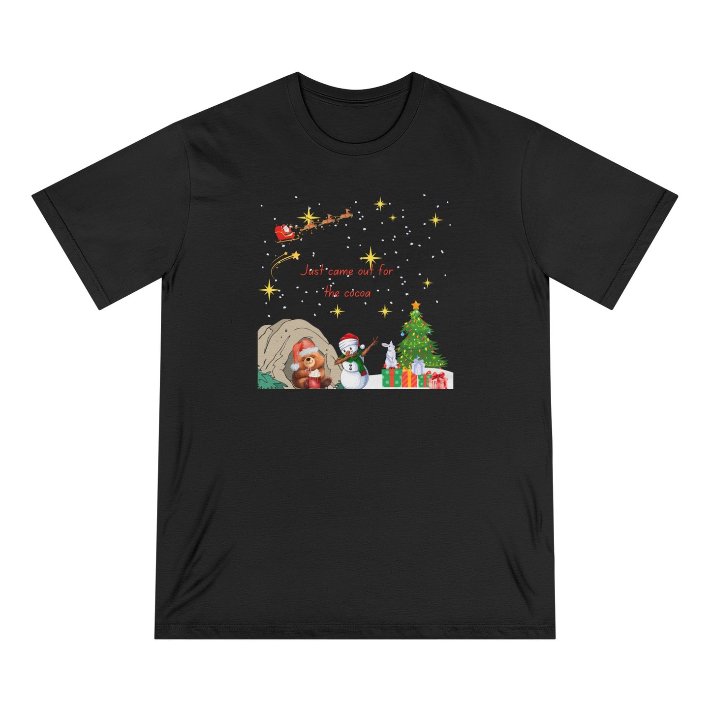 Starry Night Cute Bear Drinking Hot Cocoa T-Shirt — Santa & Flying Sleigh Holiday Tee