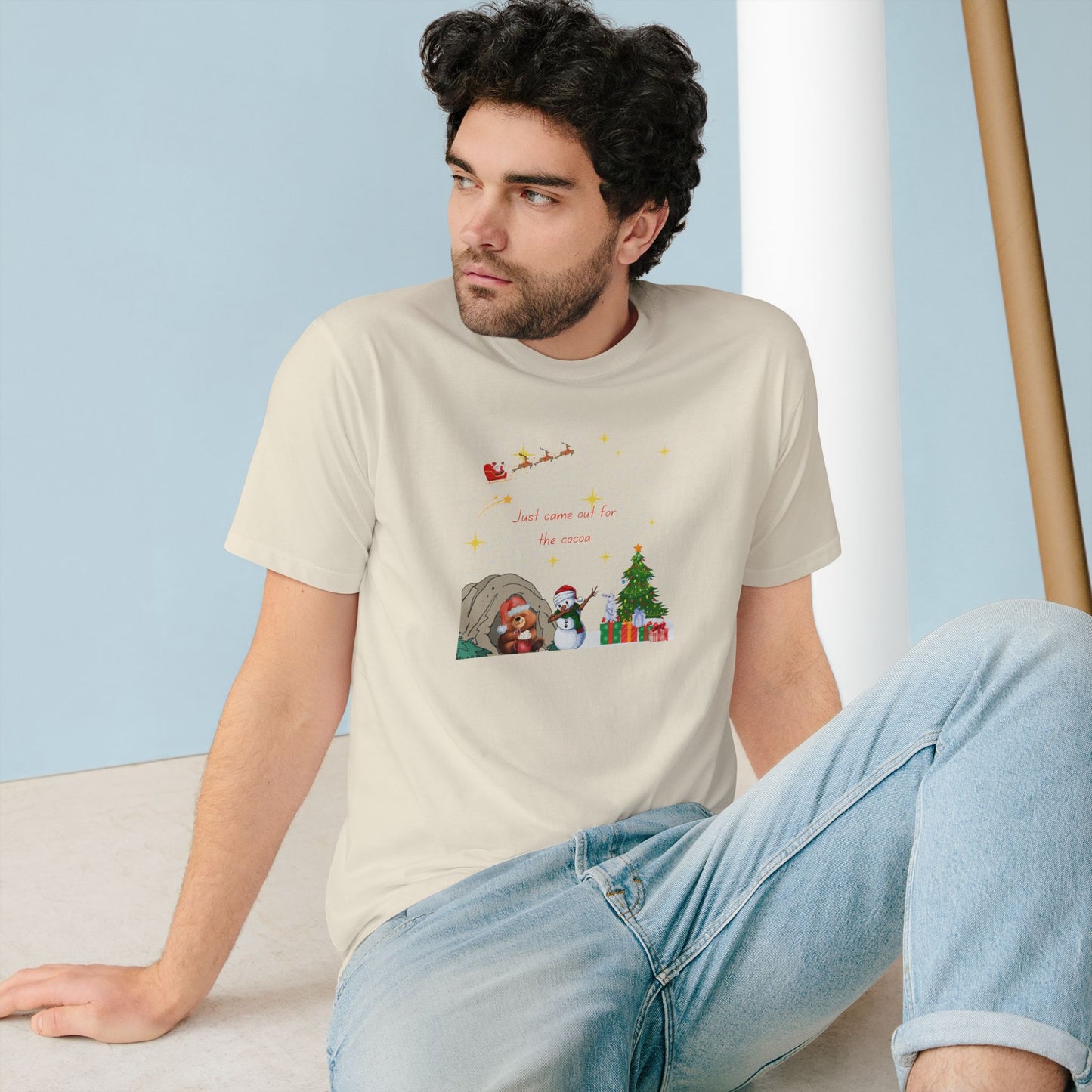 Starry Night Cute Bear Drinking Hot Cocoa T-Shirt — Santa & Flying Sleigh Holiday Tee