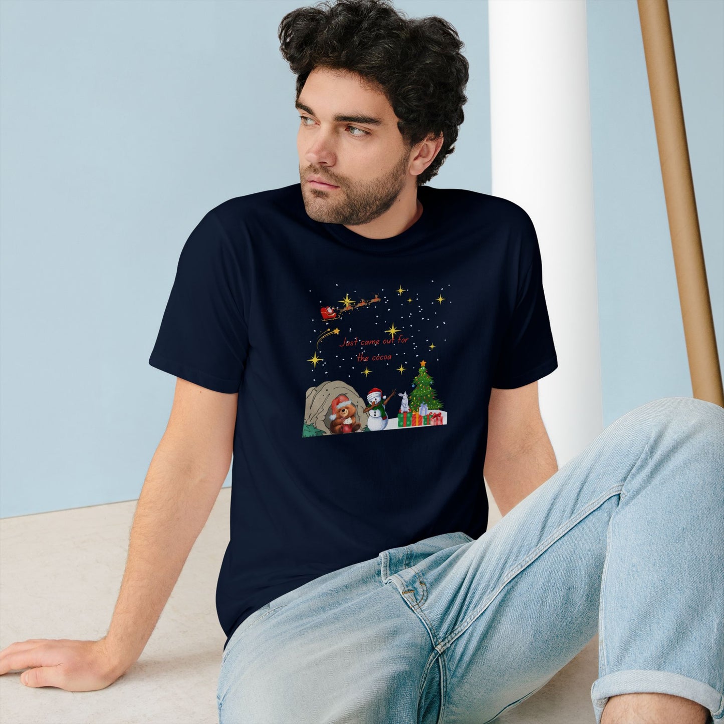 Starry Night Cute Bear Drinking Hot Cocoa T-Shirt — Santa & Flying Sleigh Holiday Tee