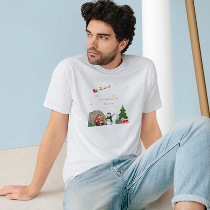 Starry Night Cute Bear Drinking Hot Cocoa T-Shirt — Santa & Flying Sleigh Holiday Tee