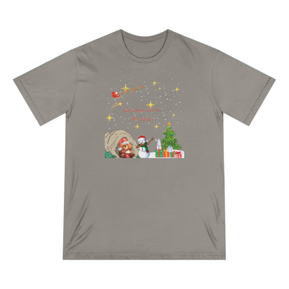 Starry Night Cute Bear Drinking Hot Cocoa T-Shirt — Santa & Flying Sleigh Holiday Tee