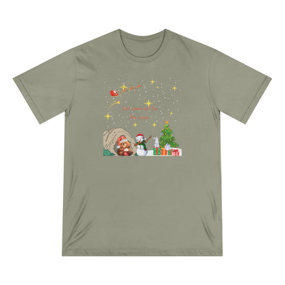 Starry Night Cute Bear Drinking Hot Cocoa T-Shirt — Santa & Flying Sleigh Holiday Tee