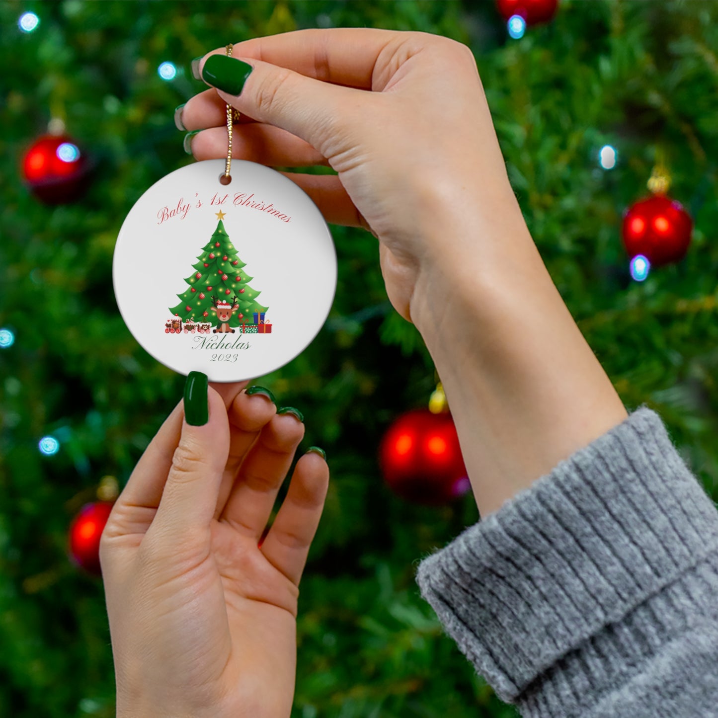 BABY'S 1ST Christmas Ceramic Ornament, Round or Snowflake shaped Ornament with Personalized name