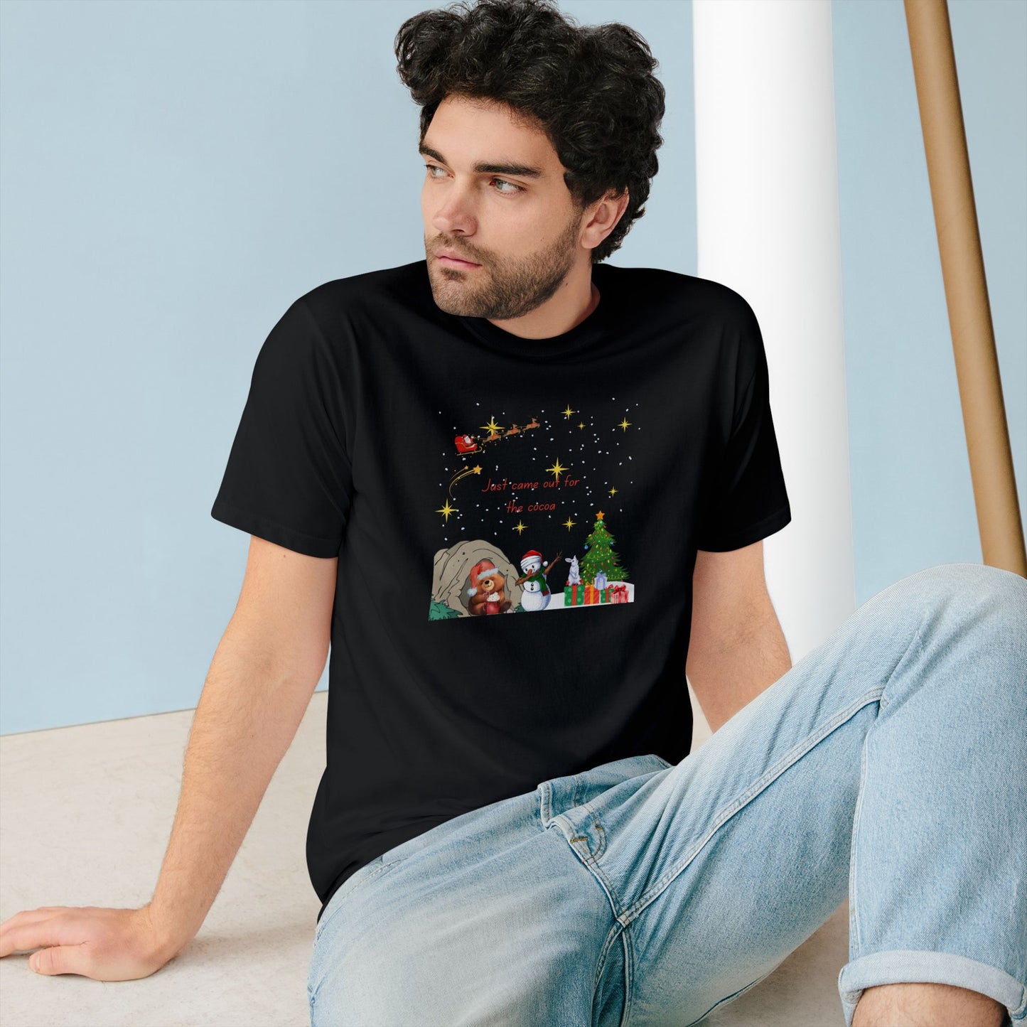 Starry Night Cute Bear Drinking Hot Cocoa T-Shirt — Santa & Flying Sleigh Holiday Tee