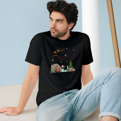 Starry Night Cute Bear Drinking Hot Cocoa T-Shirt — Santa & Flying Sleigh Holiday Tee