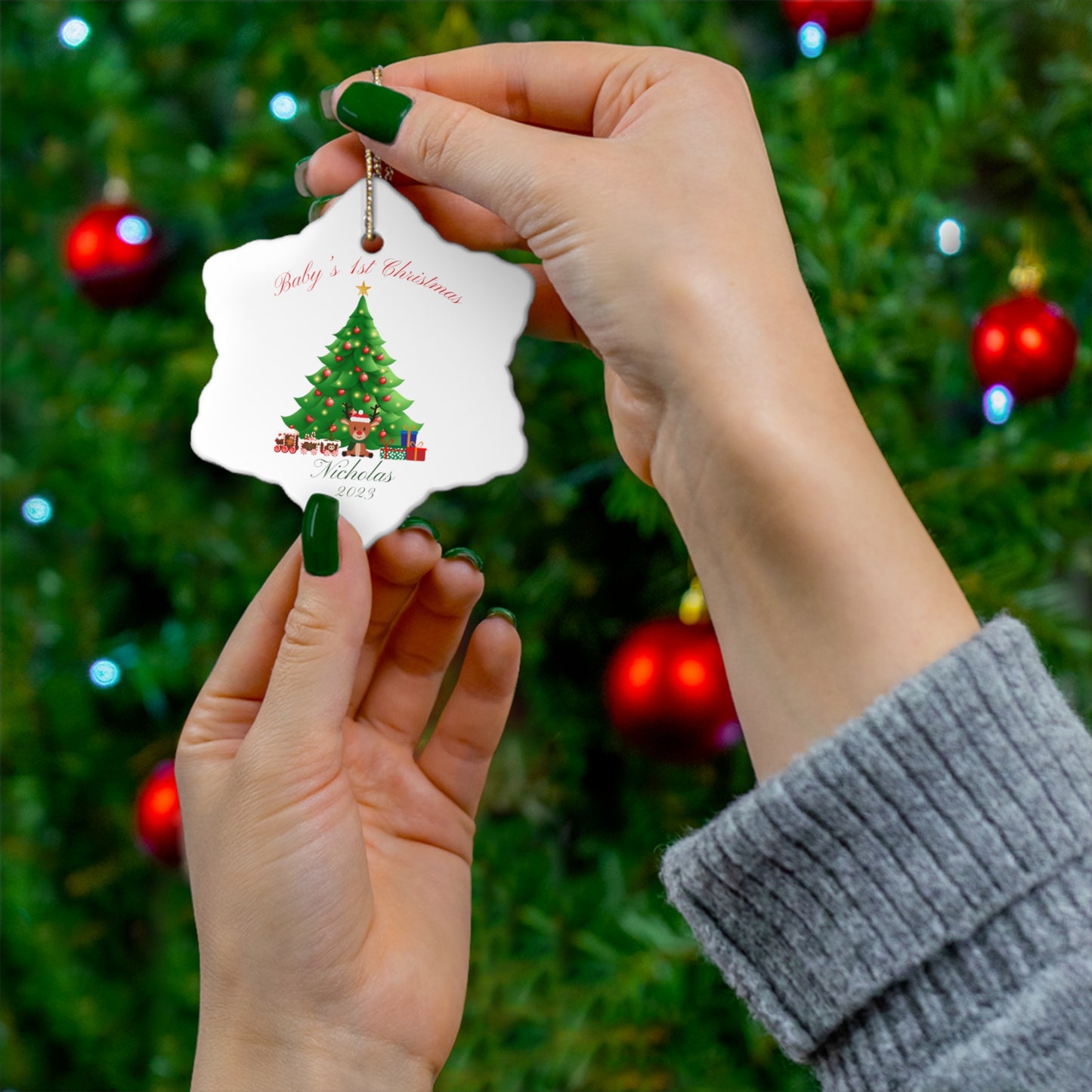 BABY'S 1ST Christmas Ceramic Ornament, Round or Snowflake shaped Ornament with Personalized name