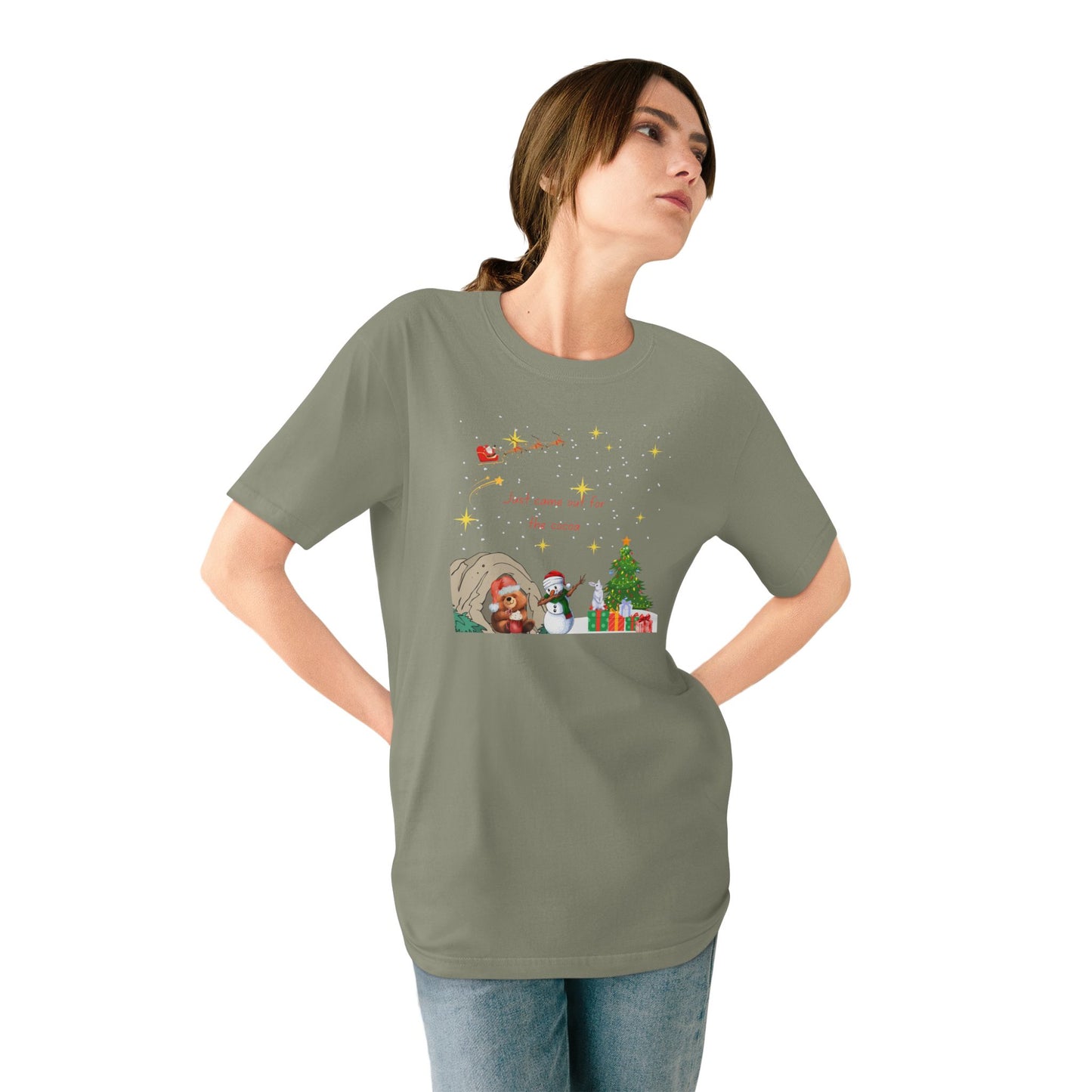 Starry Night Cute Bear Drinking Hot Cocoa T-Shirt — Santa & Flying Sleigh Holiday Tee