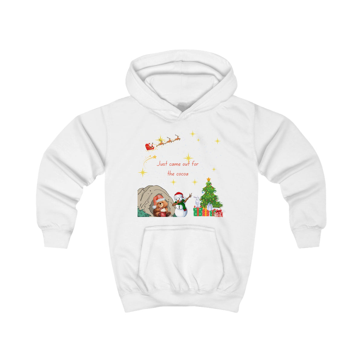 Kids Hoodie — Starry Night Christmas Bear with Hot Cocoa & Santa Sleigh