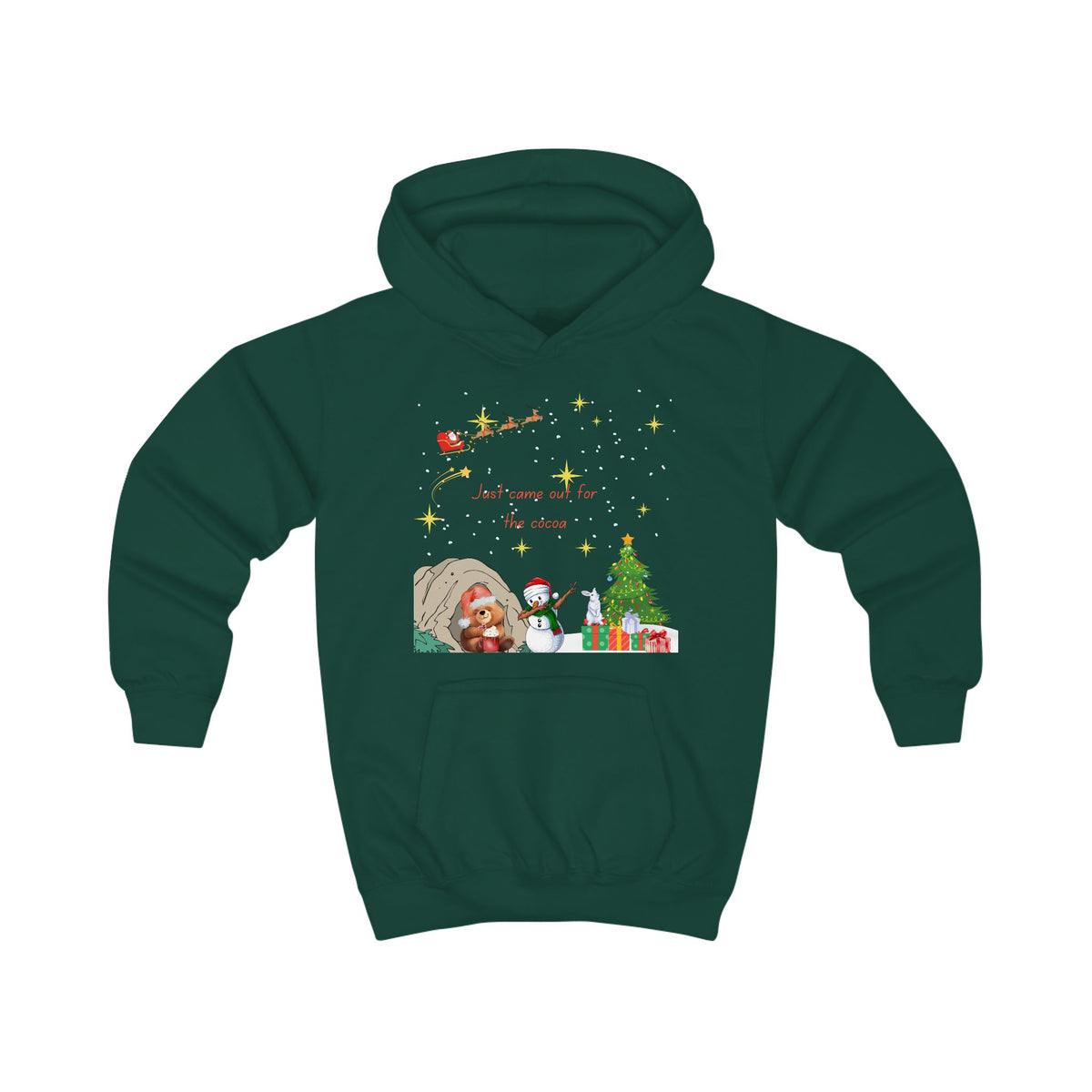 Kids Hoodie — Starry Night Christmas Bear with Hot Cocoa & Santa Sleigh