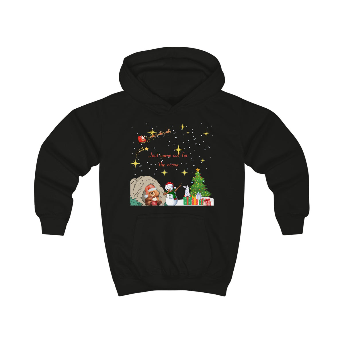 Kids Hoodie — Starry Night Christmas Bear with Hot Cocoa & Santa Sleigh