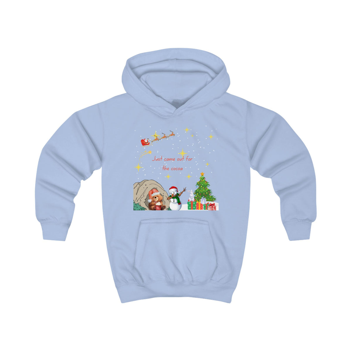 Kids Hoodie — Starry Night Christmas Bear with Hot Cocoa & Santa Sleigh