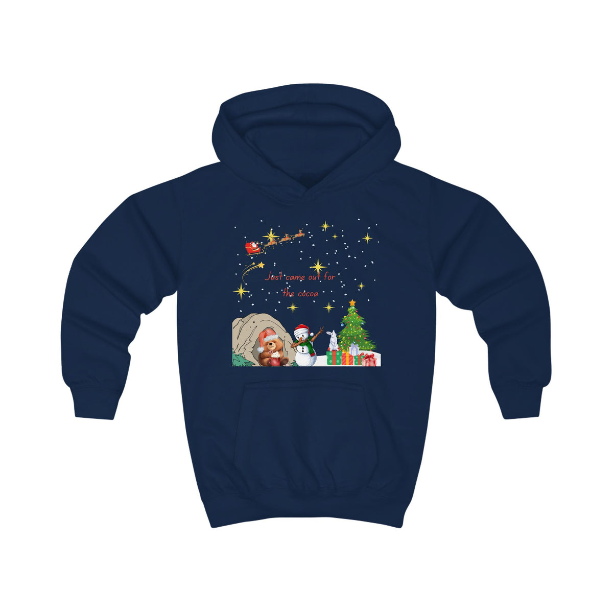 Kids Hoodie — Starry Night Christmas Bear with Hot Cocoa & Santa Sleigh