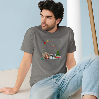Starry Night Cute Bear Drinking Hot Cocoa T-Shirt — Santa & Flying Sleigh Holiday Tee