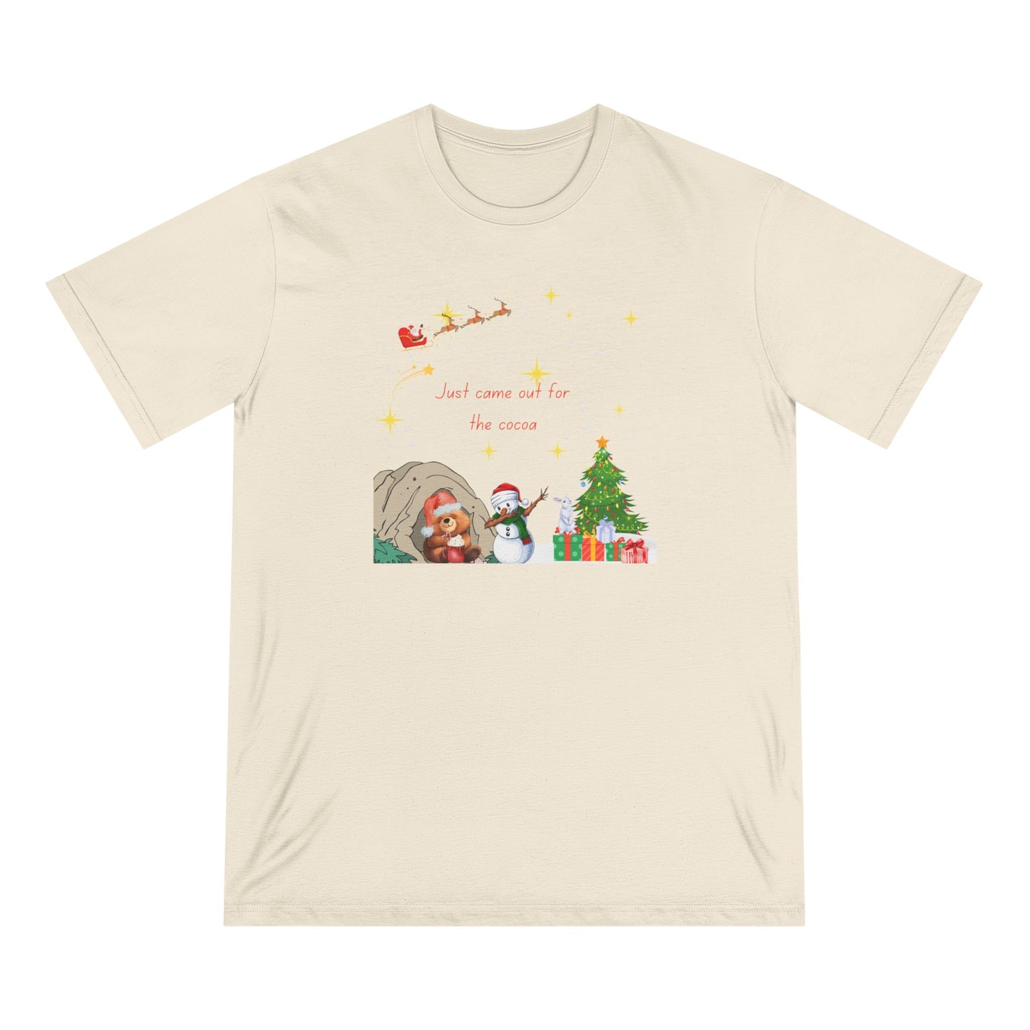 Starry Night Cute Bear Drinking Hot Cocoa T-Shirt — Santa & Flying Sleigh Holiday Tee