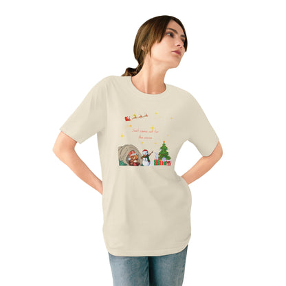Starry Night Cute Bear Drinking Hot Cocoa T-Shirt — Santa & Flying Sleigh Holiday Tee