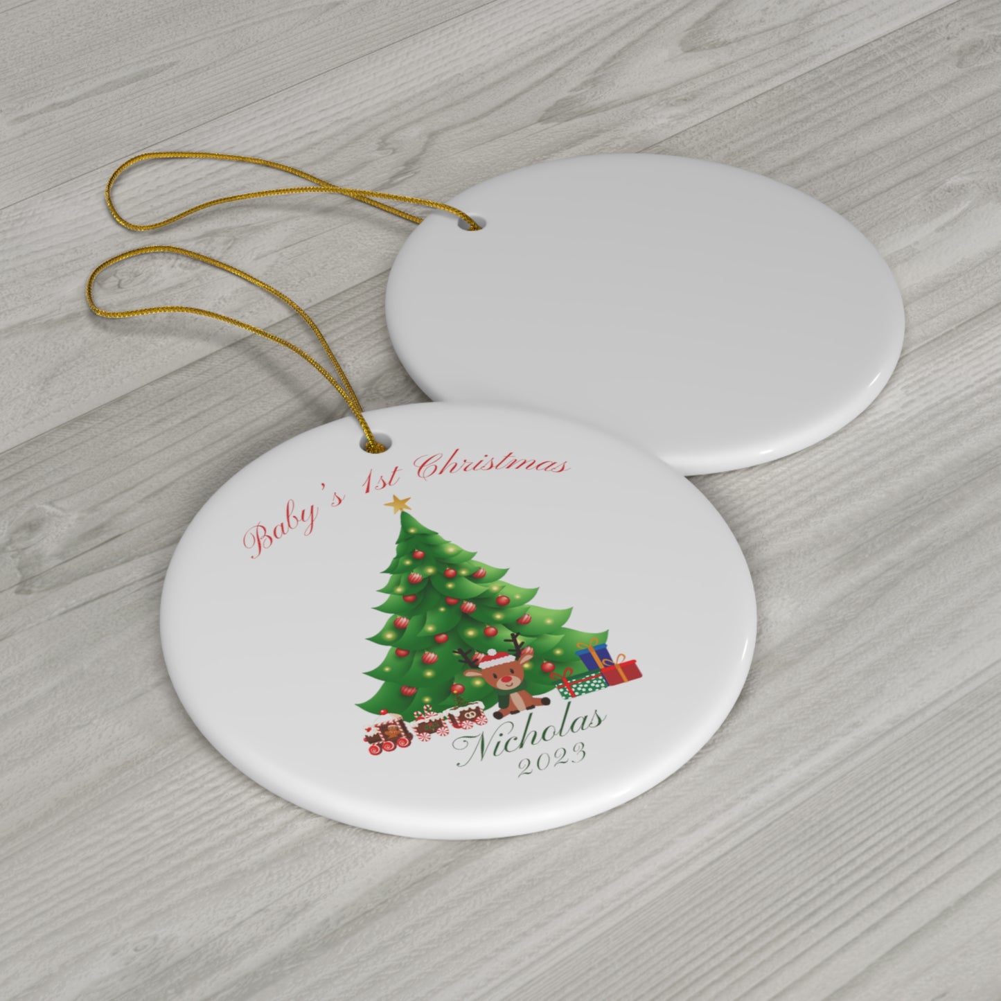 BABY'S 1ST Christmas Ceramic Ornament, Round or Snowflake shaped Ornament with Personalized name