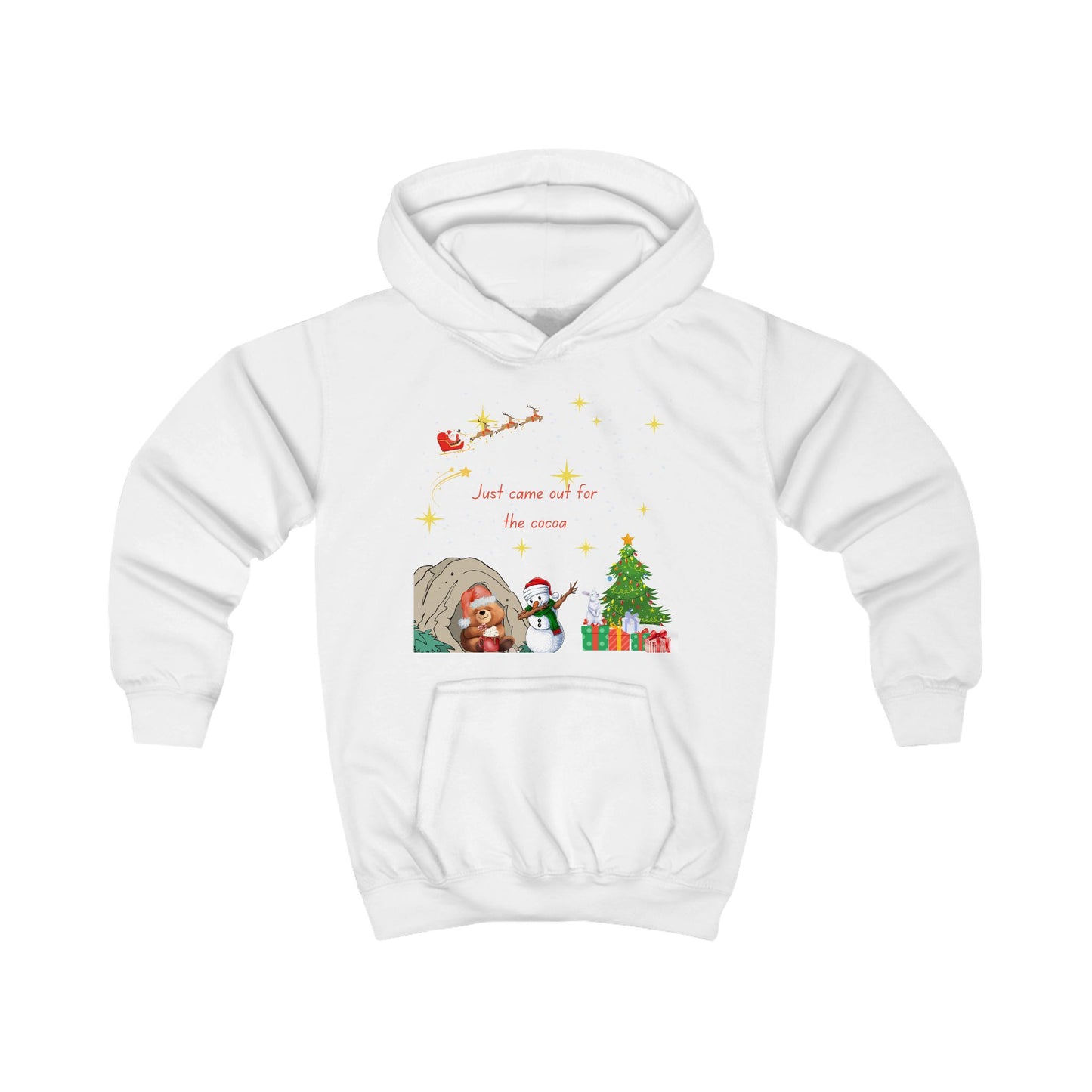 Kids Hoodie — Starry Night Christmas Bear with Hot Cocoa & Santa Sleigh