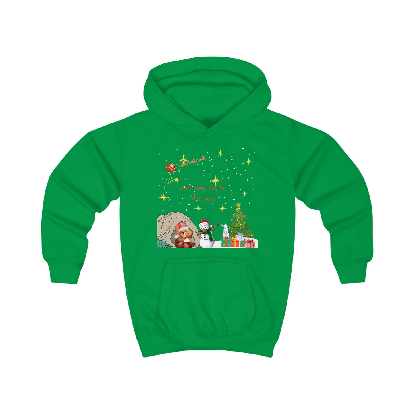 Kids Hoodie — Starry Night Christmas Bear with Hot Cocoa & Santa Sleigh