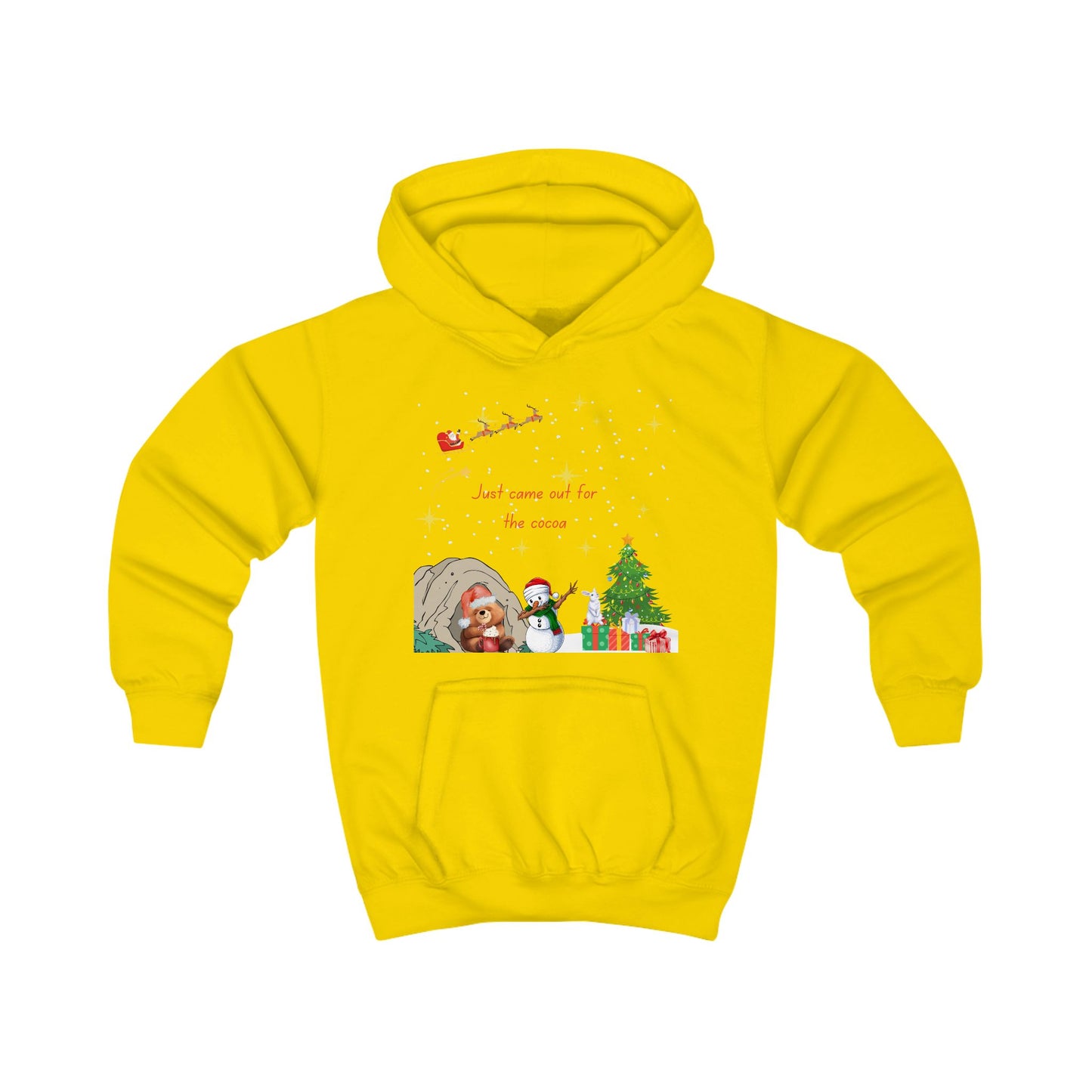 Kids Hoodie — Starry Night Christmas Bear with Hot Cocoa & Santa Sleigh