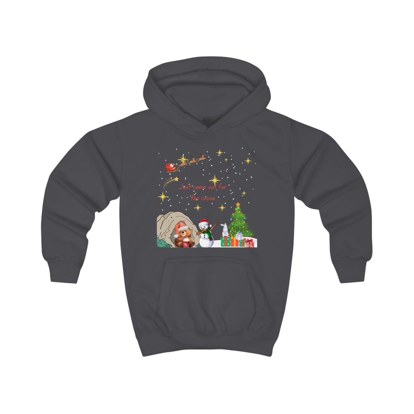 Kids Hoodie — Starry Night Christmas Bear with Hot Cocoa & Santa Sleigh