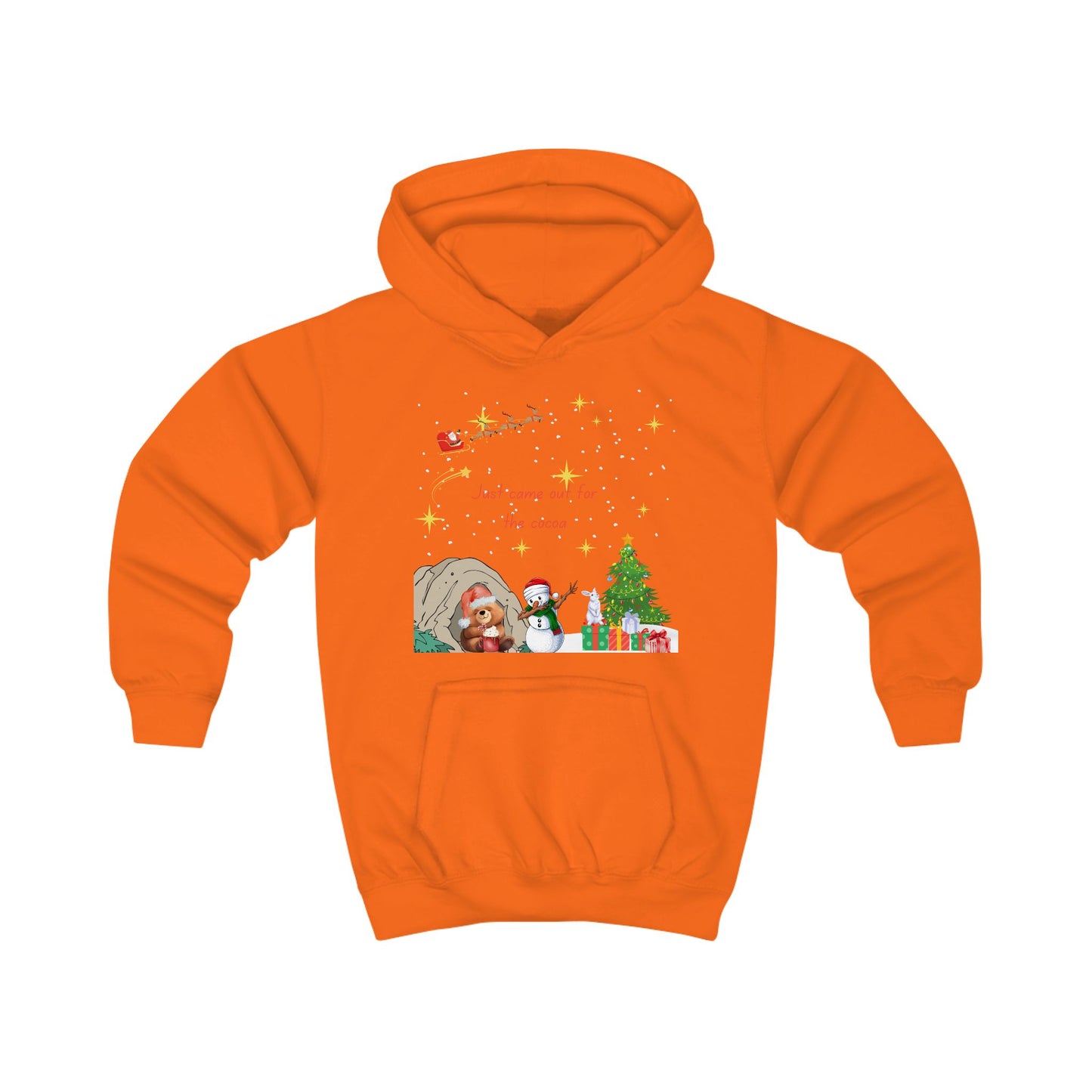 Kids Hoodie — Starry Night Christmas Bear with Hot Cocoa & Santa Sleigh