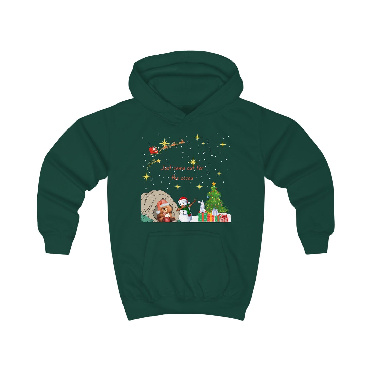 Kids Hoodie — Starry Night Christmas Bear with Hot Cocoa & Santa Sleigh