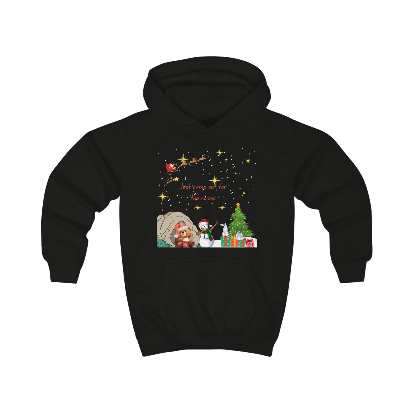 Kids Hoodie — Starry Night Christmas Bear with Hot Cocoa & Santa Sleigh