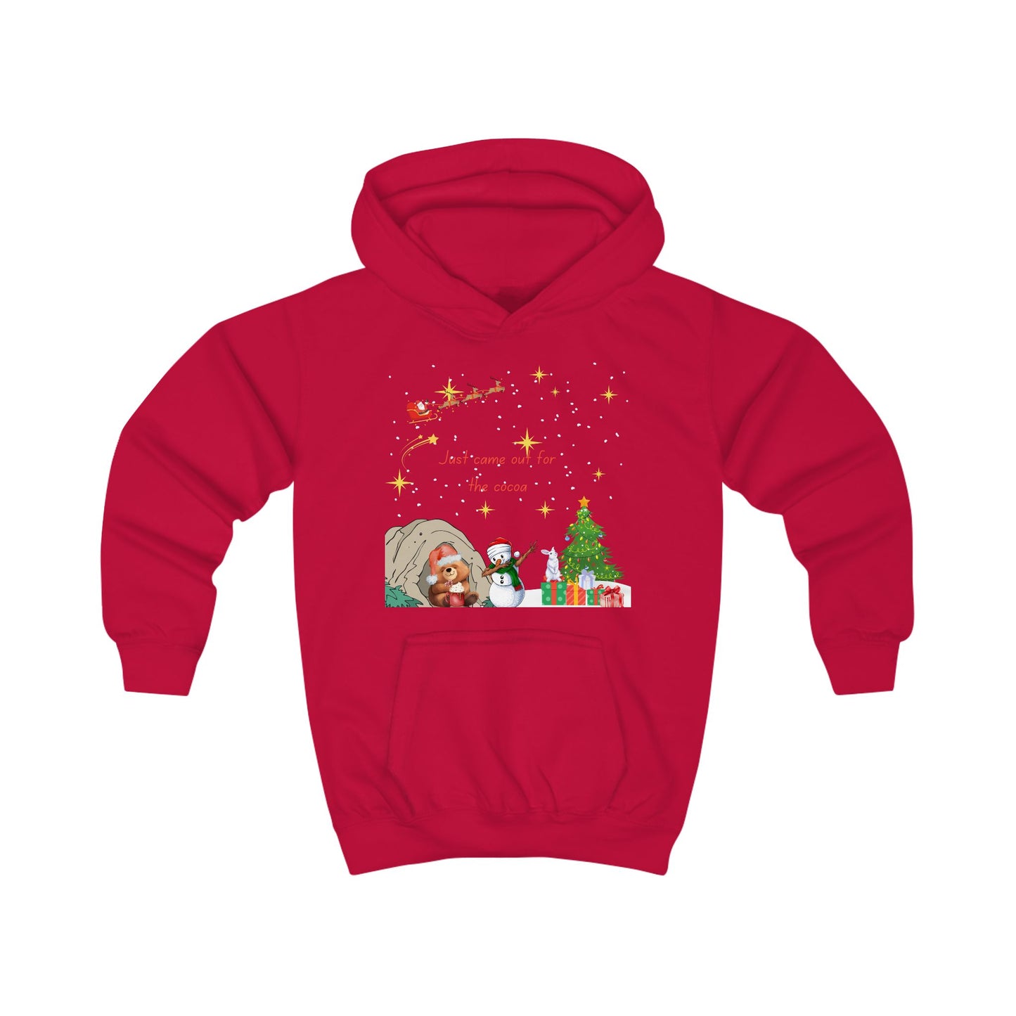 Kids Hoodie — Starry Night Christmas Bear with Hot Cocoa & Santa Sleigh