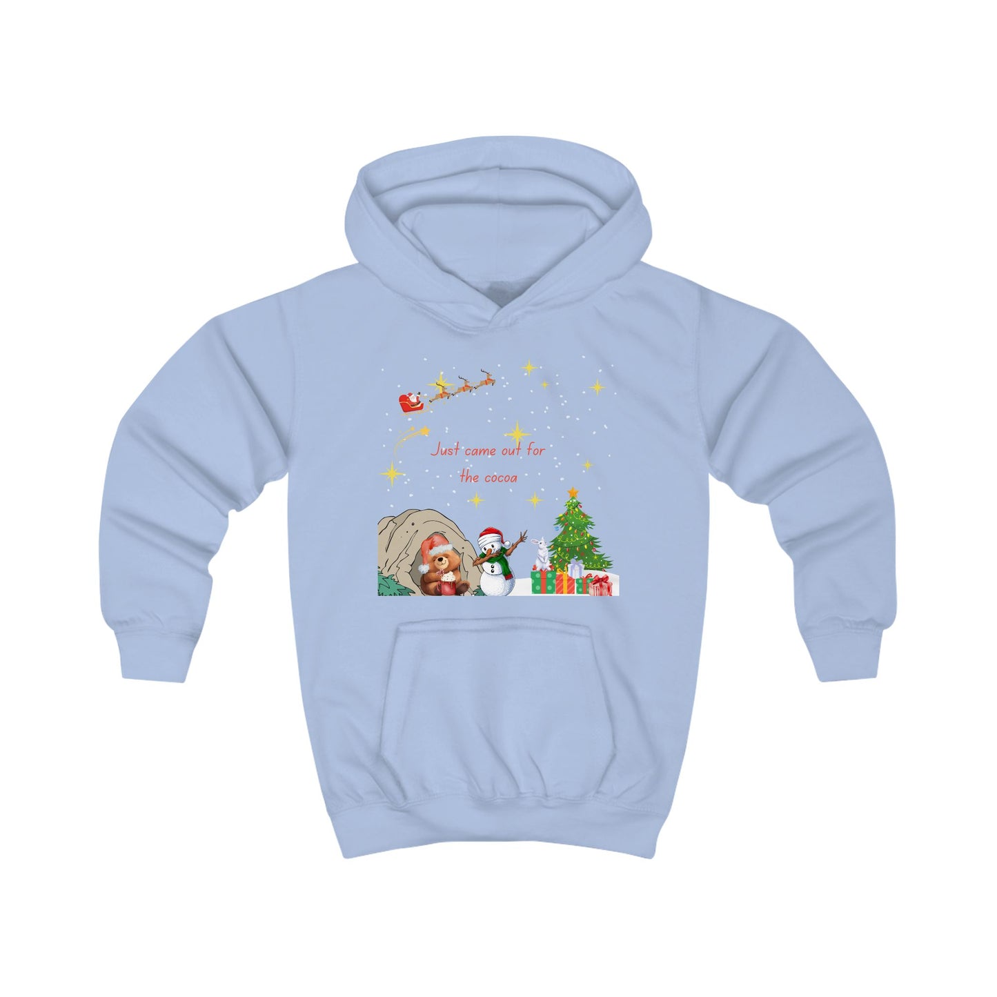 Kids Hoodie — Starry Night Christmas Bear with Hot Cocoa & Santa Sleigh