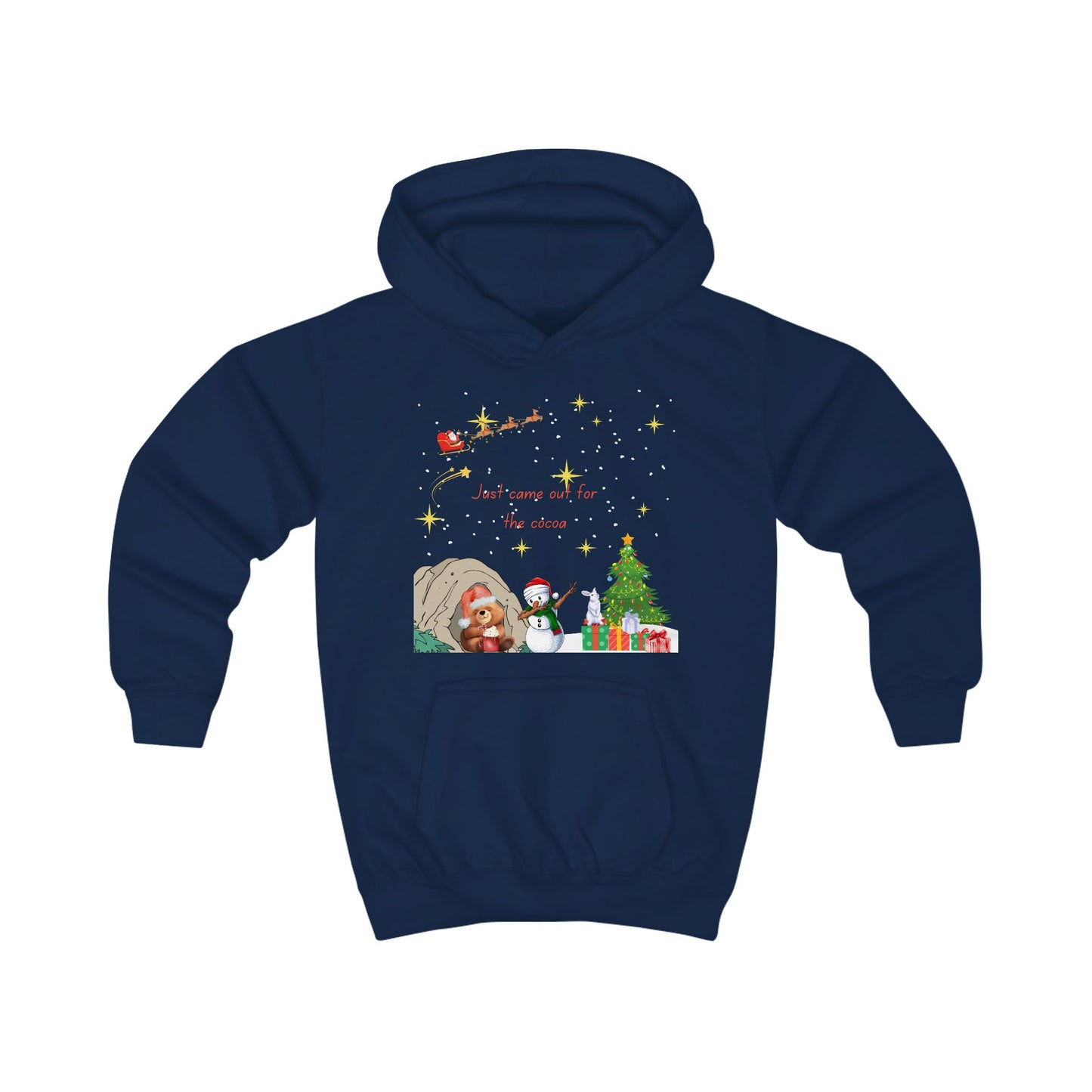 Kids Hoodie — Starry Night Christmas Bear with Hot Cocoa & Santa Sleigh